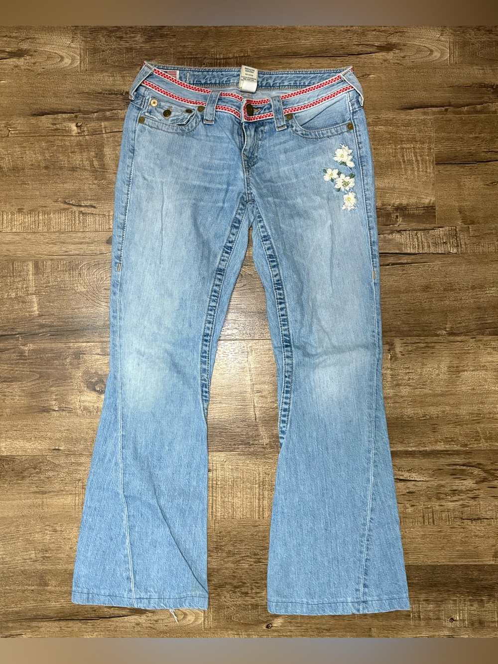 Women's True Religion Light Blue Floral Embroidered Flare Jeans
